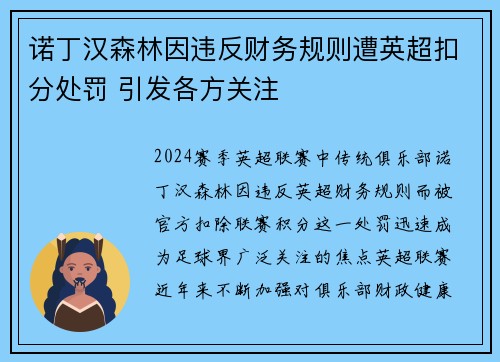诺丁汉森林因违反财务规则遭英超扣分处罚 引发各方关注