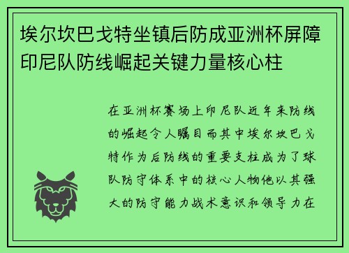 埃尔坎巴戈特坐镇后防成亚洲杯屏障印尼队防线崛起关键力量核心柱