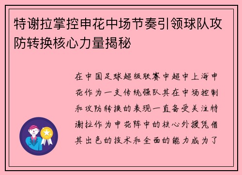 特谢拉掌控申花中场节奏引领球队攻防转换核心力量揭秘